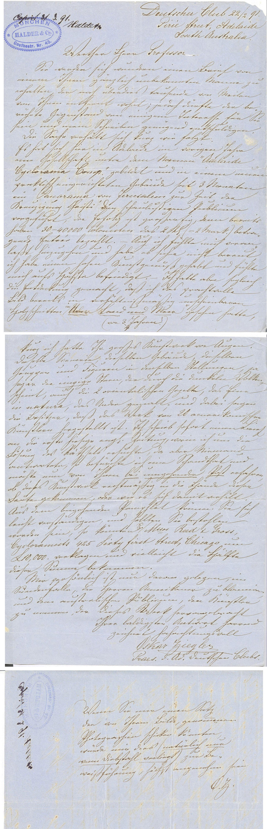 Ziegler-Brief aus Australien an Piglhein (Original)
